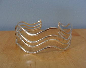 Vintage Cuff Bracelet Wave Swirl Silver Tone Metal Multi Strand Boho Statement Accessory Bohemian Statement Jewelry Egyptian Revival Cool