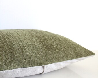 Velvet pillow: green velvet textured pillow in olive green and natural linen, velvet cushion cover, mid century modern pillow