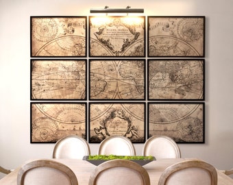 World Map Print : L'Isle's 1720 Guillaume de L'Isle ' mappe monde ' 9 panel world map - Vintage World Map - Not by restoration hardware