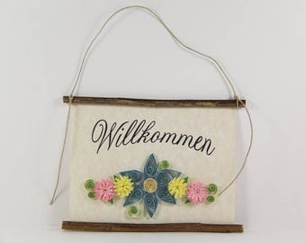 Willkommen, German Welcome, Paper Quilled German Welcome Sign, 3D Quilled Banner, Paper Flower Decor, Blue Yellow Pink Decor, Germany Gift