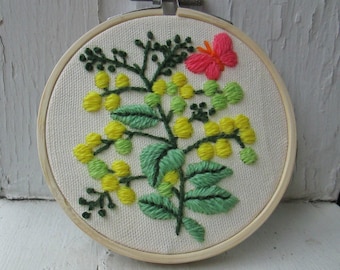 Embroidered Floral Hoop Wall Art - Vintage Crewel Hand Stitched Flower Branch & Butterfly Embroidery Textile / Fiber Arts Mom Gift