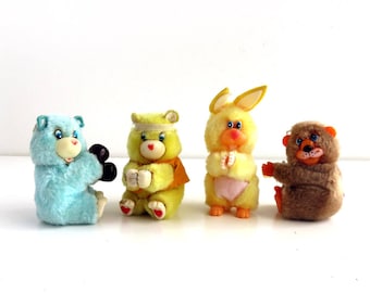4 Vintage Clip-on Plush Toys, 1980s Pencil Hugger Dolls, Clasp on Toys, Instant Collection, Care Bear Fakies Bunny Rabbit, 80s Toy Lot funny