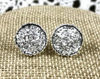 Silver Druzy Earrings - Druzy - Bridesmaid Gift - Druzy Jewelry - Stud Earrings - Sparkly Earrings - Silver Earrings - Drusy - Druzy Earring