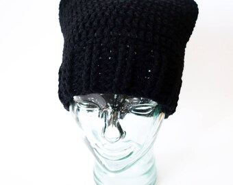 Pussy Hat Project, women's rights, resist, washable acrylic yarn, planned parenthood, donation listing, madonna black cat hat