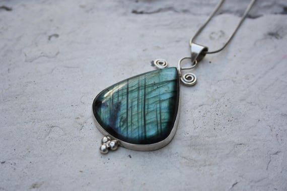 LABRADORITE TEARDROP NECKLACE - Sterling Silver - Statement Necklace - Iridescent - Glowing Necklace - Bespoke - Handmade - Ltd Edition