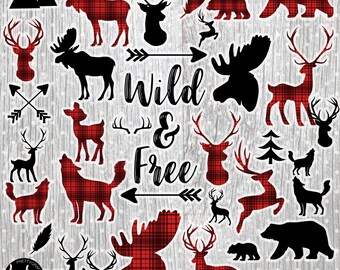 80% OFF SALE Woodland silhouette clipart commercial use, vector graphics, buffalo plaid woodland digital clip art, digital image - CL1171