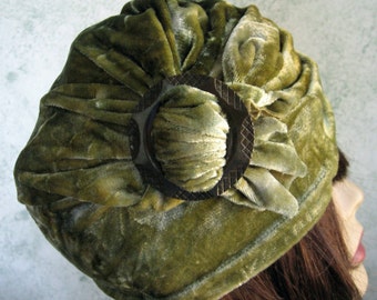 Womens Hat With Side Drape And Buckle Trim Crushed Tye Dye Moss Green Velvet Chemo Hair Loss Cap Or Bad Hair Day Hat Head Size 21- 23