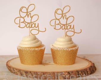 Oh Baby Cupcake Toppers - Oh Baby Gold Glitter Cupcake Toppers - New Baby Cupcake Toppers - Baby Shower Cupcake Toppers
