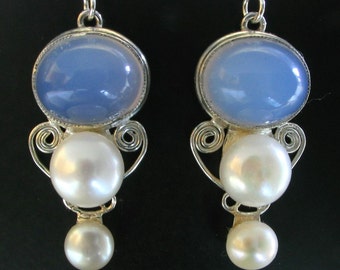 Sterling silver earrings with Chalcedony and/or freshwater Pearls.