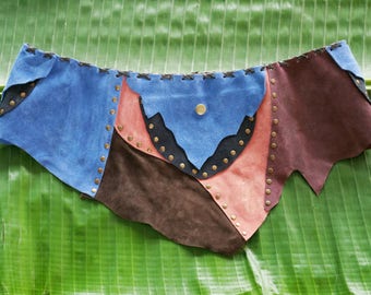 Pixie skirt, tribal mini skirt, festival skirt layered skirt with pockets, leather utility belt skirt, boho waist bag, short overskirt ,sued