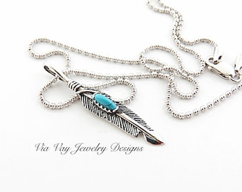 Sterling Silver Feather Necklace, TurquoiseTribal Necklace