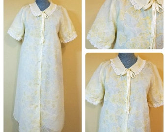 Vintage 1950s Sheer Yellow Green Floral Lace Trim Chiffon Nylon Robe Medium As Is
