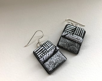 Dichroic glass earrings. Fused glass silver and black shimmering dichroic fused glass dangle earrings with sterling silver ear wires