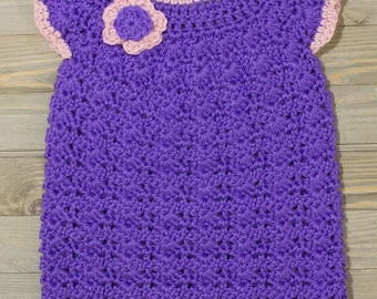 Crocheted Baby Dress - Baby Girl's Crocheted Vivid Purple and Pink Shift Flower Dress