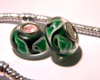 bead charm European - murano glass - - 14 x 8 mm - Green Wave - F198