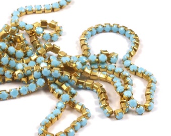 Turquoise Rhinestone Chain, 3 Feet (2.3mm) Turquoise Glass Rhinestone Chain With Brass Frame Rh219 Z124