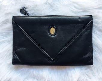 Vintage black leather envelope clutch bag purse