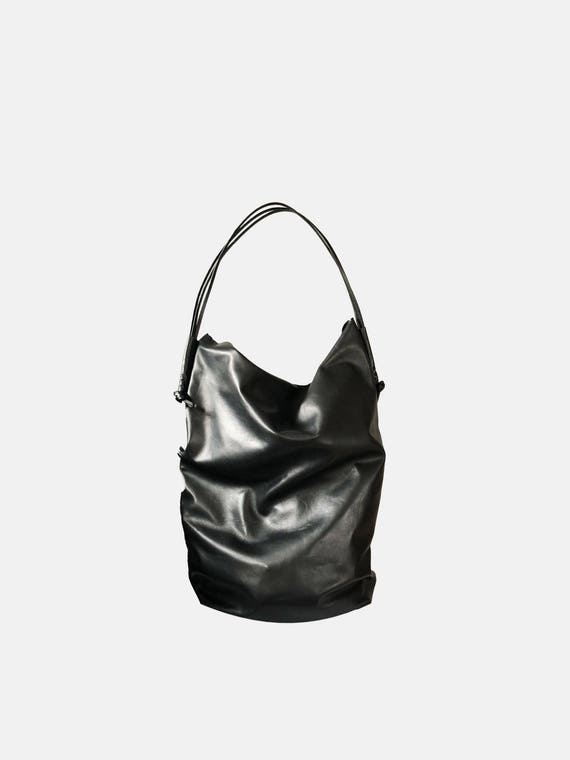 Black leather handbag big pouch handbag black gift for women