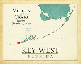 Custom Map of Key West, Custom Anniversary Gift Print, Personalized Wedding Gift, Travel Keepsake Canvas, Gift for Spouse, Custom Map Art