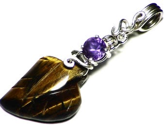 Tiger Eye Necklace, Silver Leaf Necklace, Sterling Silver Carving Pendant (9.0 tctw) Nature Inspired Amethyst and Tigereye Jewelry, For Her
