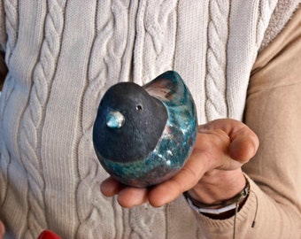BIRD blue / black - Raku fired ceramic bird, one of a kind (bl.1).