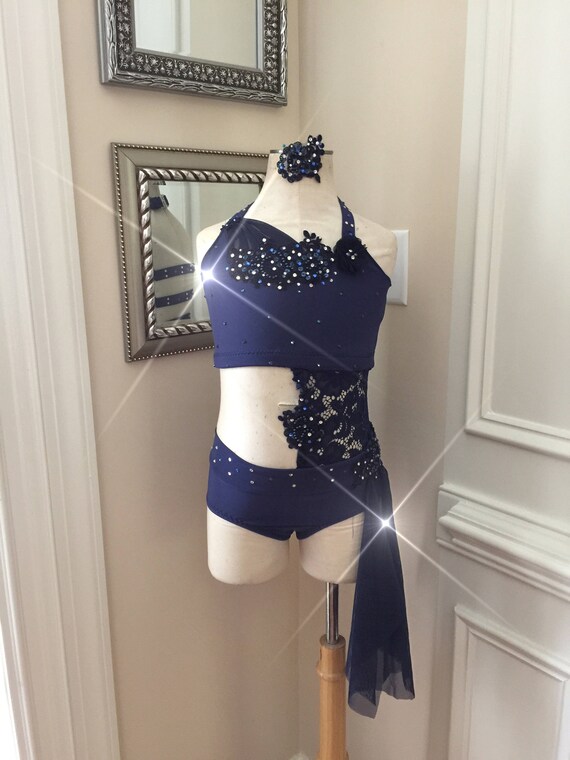 2 Piece Custom Lyrical Dance CostumeNAVY Blue with Lace and
