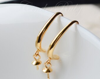 925 Silver Earring Hooks with Peg for Half Drilled Drops, Gold Vermeil Open Hoop Earring Findings,1 Pair