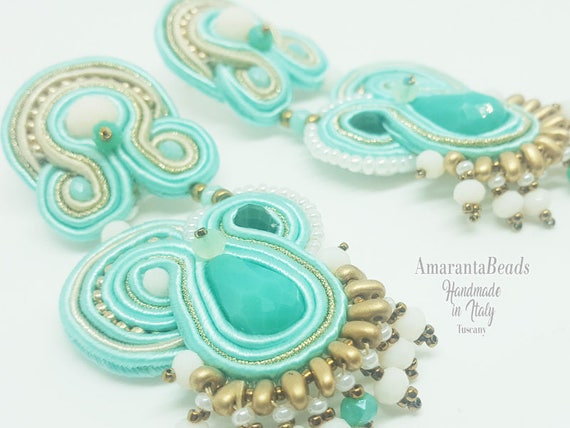 Soutache earrings in the soft colors of blue and teal with champagne-gold trim ( sewn -not glued!)