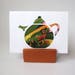 TEAPOT card with Green FROG fabric in cutout shape. 6" x 4" with envelope. Blank textured card. Green Frog greeting card.