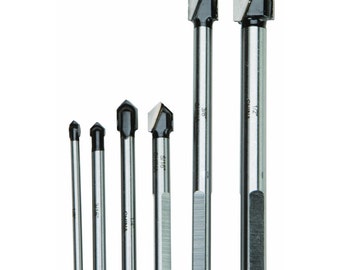 New 6PC C3 Carbide Tips Glass & Tile Drill Bits cut glass plastics formica ceramics sizes 1/8 in, 3/16 in, 1/4 in, 5/16 in, 3/8 in, 1/2 in.