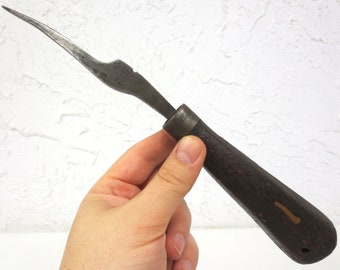Rare Antique Machinist & Gunsmith Tool 10" Long marked 2944, Curved and Narrow Carving Head, Notch on Top, Large Wooden Handle