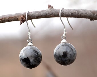 Larvikite earrings, Larvikite silver earrings, French hook larvikite earrings, Silver earrings larvikite, Larvikite drop earrings.