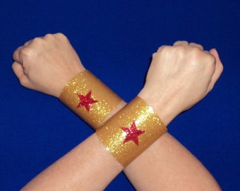 New Wonder Woman Costume Accessory Gold Sparkle Star CUFFS