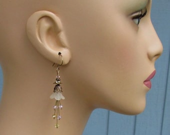 Ivory Lucite Flower Earrings, Pink and Champagne Crystals, Antique Brass Handmade Earwires, Pastel Floral Dangles