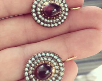 Antique Victorian Gold Garnet and seed pearl earrings