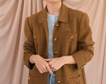 Vintage houndstooth silk escada plaid brown blazer jacket