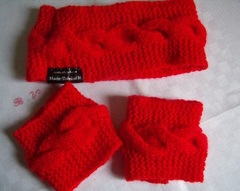 Headband, ear muffs, headband, head warmer and wrist/arm warmers knit.