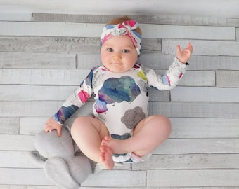 Baby Bodysuit, Baby Girl, Cloud Print, Soft, Long Sleeves - READY TO SHIP (newborn - 2 years)