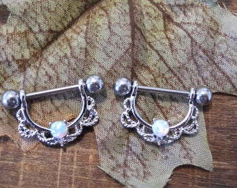 Opal nipple rings with jewel and fancy metal work patten 14 guage, fancy nipple rings, nipple sheilds, nipple jewelry, pretty nipple