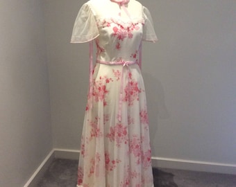 Vintage 1970's maxi dress in pink floral over white UK size 10
