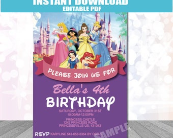 Princess Party Invitation INSTANT DOWNLOAD editable PDF Princess Invitation