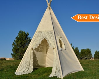 Flora Ivory Lace Canvas Kids Teepee, Kids Play Tent, Childrens Play House, Tipi,Kids Room Decor