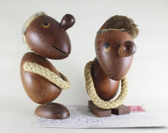 Mid Century Danish Modern Hans Bolling Teak Wood Optimist and Pessimist Figures, Vintage Teak Wood Pair of Figures