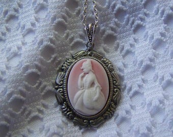 Marie Antoinette Necklace, Pink & White Lady Cameo Necklace, French Lady, Southern Lady, Antiqued Silver, Let Them Eat Cake, Courtesan Woman