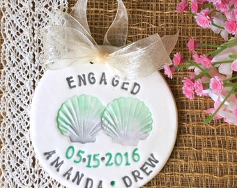 Beach Theme Engagement Ornament with Seashells - Engagement Gift - Wedding Ornament - Wedding Gift - Couple Ornament - Personalized Ornament