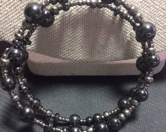 Hematite Beaded Memory Wire Bracelet Multi Strand Wrapped Bracelet