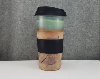 IN STOCK* Stoneware Travel mug / Commuter mug with silicone lid - Leafs/ Teal-Violet