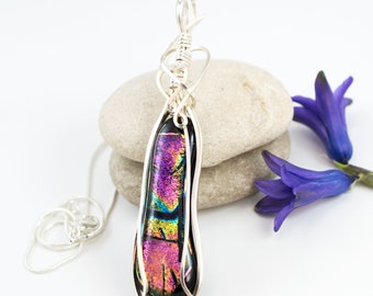 Dichroic Glass Pendant - Wire Wrapped Pendant - Fused Glass Jewelry - Dichroic Glass Jewelry