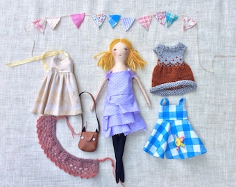 Dress up doll, cloth doll,gift idea, gift for girl, doll with clothes, doll set, modern rag doll, soft doll, dolls to dress, rag doll