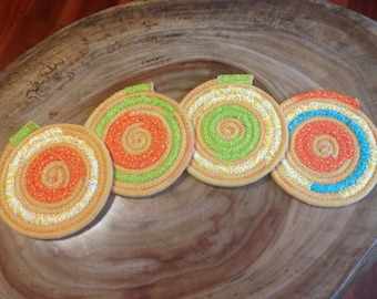 coiled rope coasters, coasters, mug rugs, coiled rope coaster, hand-dyed boho